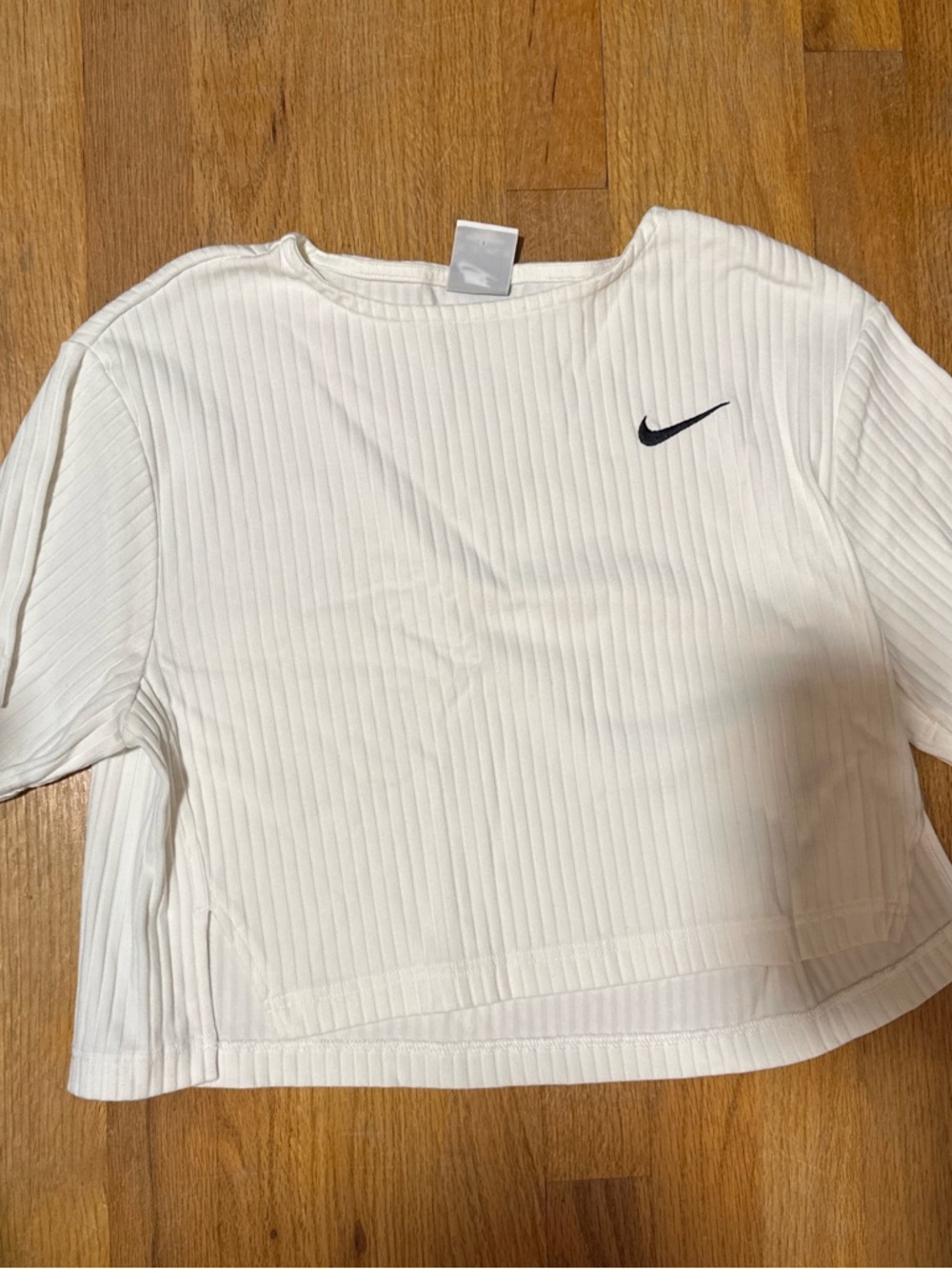 Nike White Ribbed Cropped Long-Sleeve Top with Swoosh